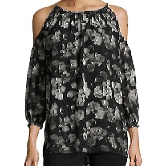 MAX STUDIO Edit Black Red Floral 3/4 Sleeve Cold Shoulder Cutout Tie Back Blouse - Picture 3 of 12